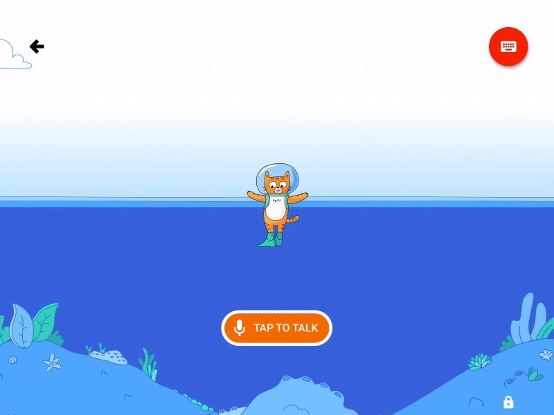 YouTube Kids voice search on a tablet: an explorer cat treads water at the surface of a sea of videos while the prompt Tap the button to say what you want to watch fades in and out