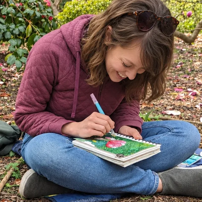 Lettie, laughing as she paints in her sketchbook, sitting cross-legged in a garden