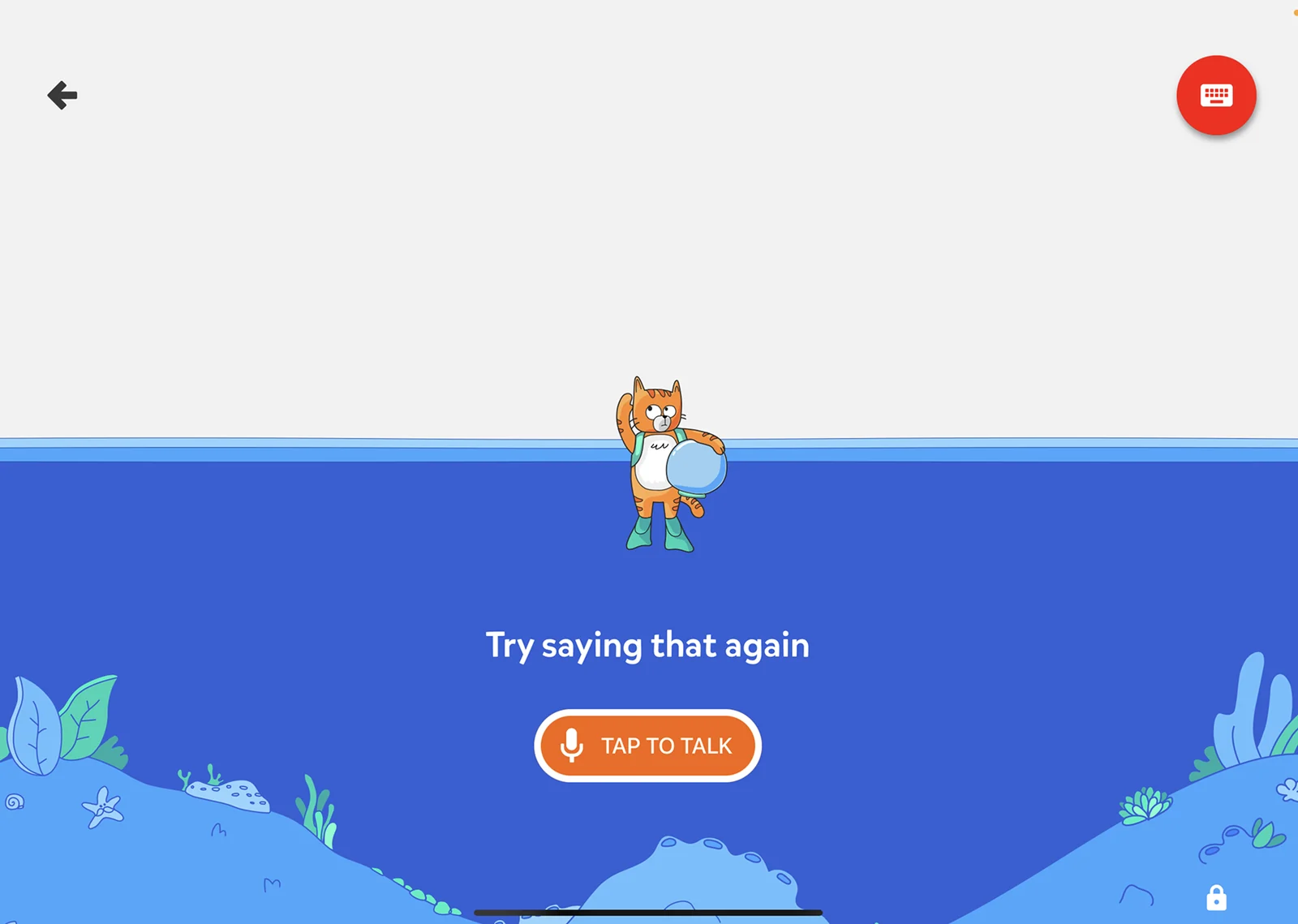 YouTube Kids voice search on a tablet: an illustrated cat in an underwater scene, Try saying that again, Tap to talk